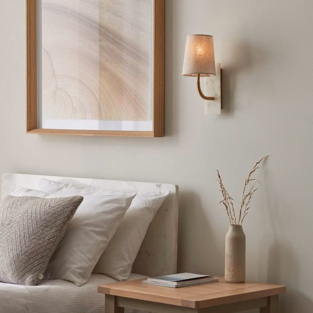 Netlighting Calista Wall Lamp in Vintage Brass Finish with White Marble and Linen Shade, 7W LED E14 – 2