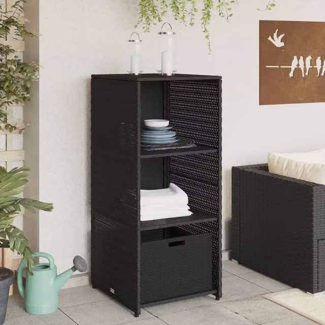 Berkfield Home Black Poly Rattan Garden Storage Cabinet with Internal Drawers and Shelves W/D/H: 50 x 55 x 115 cm