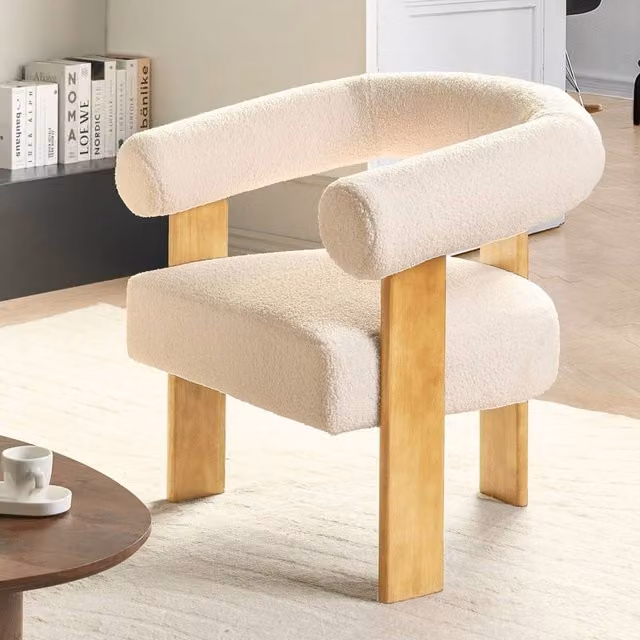 Wyld and Coco Off-White Bouclé Armchair with Retro Profile and Rubberwood Legs – 1