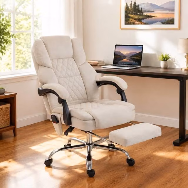 STILVORA Beige Velvet Executive Office Chair with Headrest and Armrests – 1