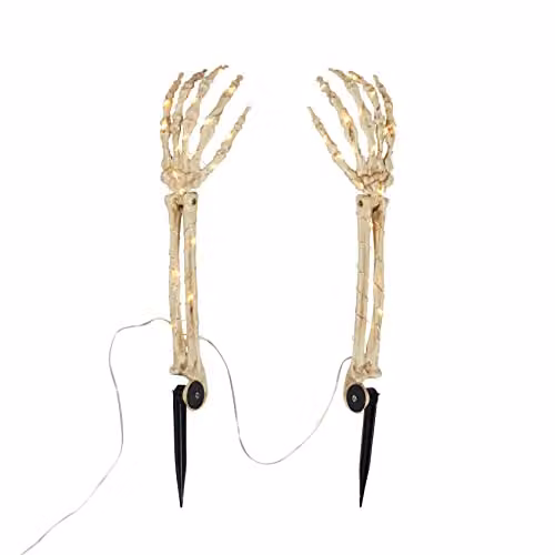 Lights4fun Set of 2 White Skeleton Hand Outdoor Halloween Garden Stake Path Lights, Height: 46 cm – 2