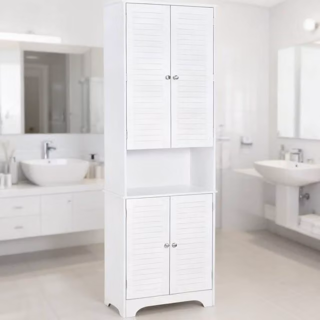 ERGOVEXA Tall Freestanding White Bathroom Cabinet with Retro Roll Shutters and 3 Internal Shelves, H: 182.5 x W: 60.0 x D: 30.0 cm