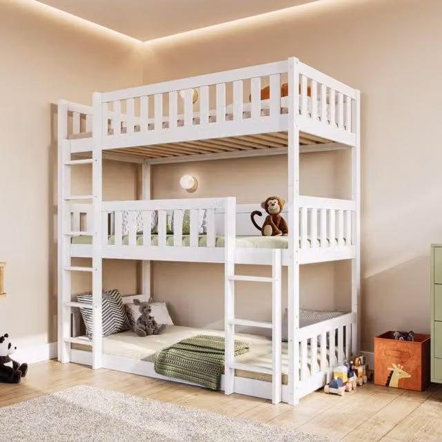 Flair Bea Triple High Bunk Bed in White and Grey Solid Pine Wood