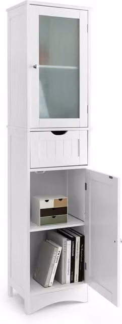 Costway Freestanding White Bathroom Storage Linen Tower with Glass Doors and Internal Shelves, Height: 170 cm
