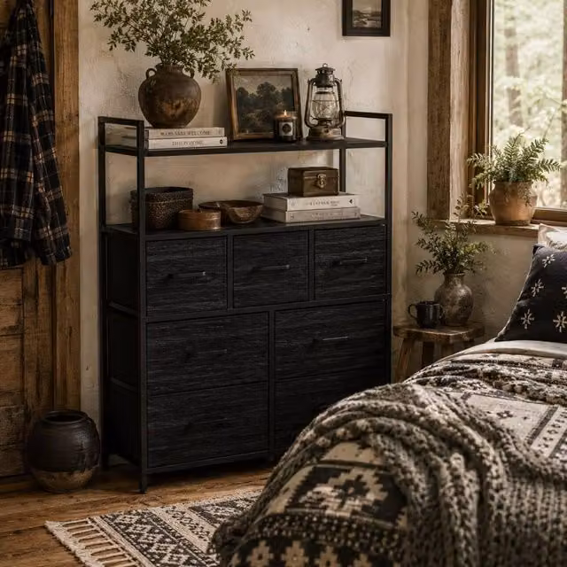 Wyld Haus Latoli Black 7 Drawer Rustic Fabric Storage Chest H 101 cm x W 79 cm x D 29 cm