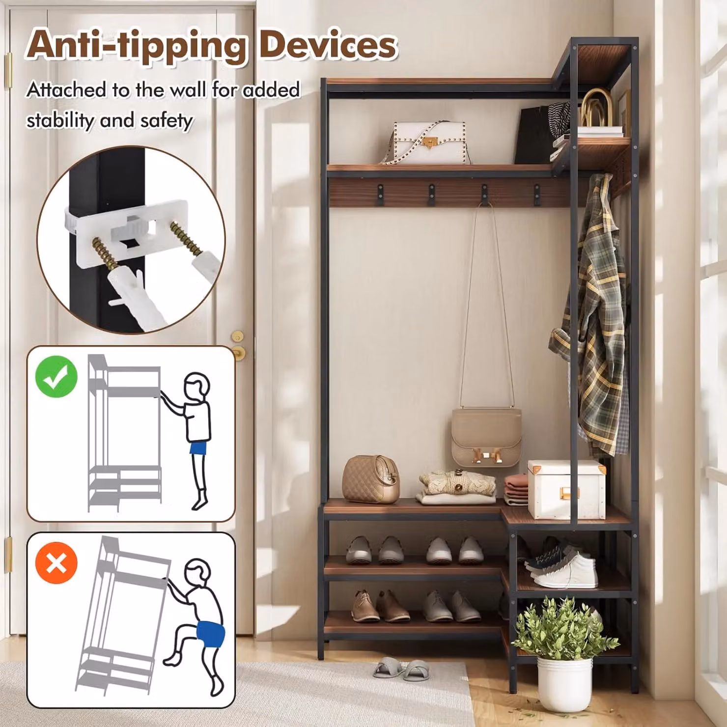 Gymax L-shaped Hall Tree with Corner Shoe Bench, Open Shelves and 7 Hooks in Dark Brown – 6