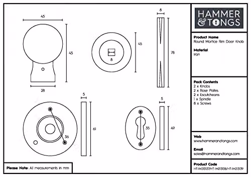 Hammer and Tongs Round Rim and Mortice Door Knob, Pack of 4, Matt Black Iron, Diameter: 60 mm – 2
