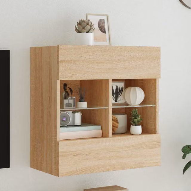 Berkfield Home Modern Wall Mounted TV Cabinet with LED Lights in Sonoma Oak Brown, W: 58.5 cm, D: 30 cm, H: 60.5 cm – 1