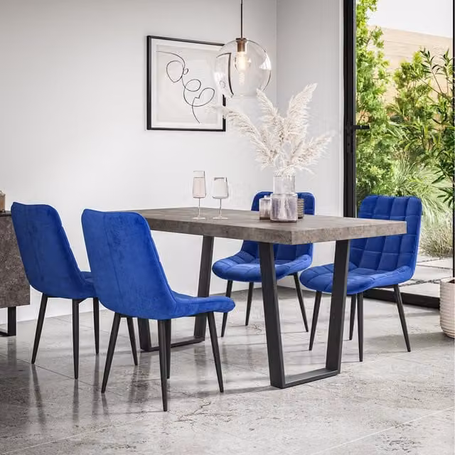 More4Homes Aria Dining Set with Concrete Effect Rectangular Table and 6 Blue Nova Velvet Chairs