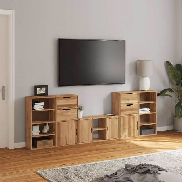 Berkfield Home ODDA 5 Piece Decorative TV Unit Set in Brown Waxed Solid Wood and MDF