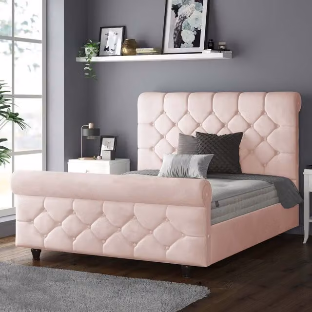 IH Design Jasmine Chesterfield Sleigh Bed Frame in Pink Plush Velvet, W: 180 cm, D: 200 cm