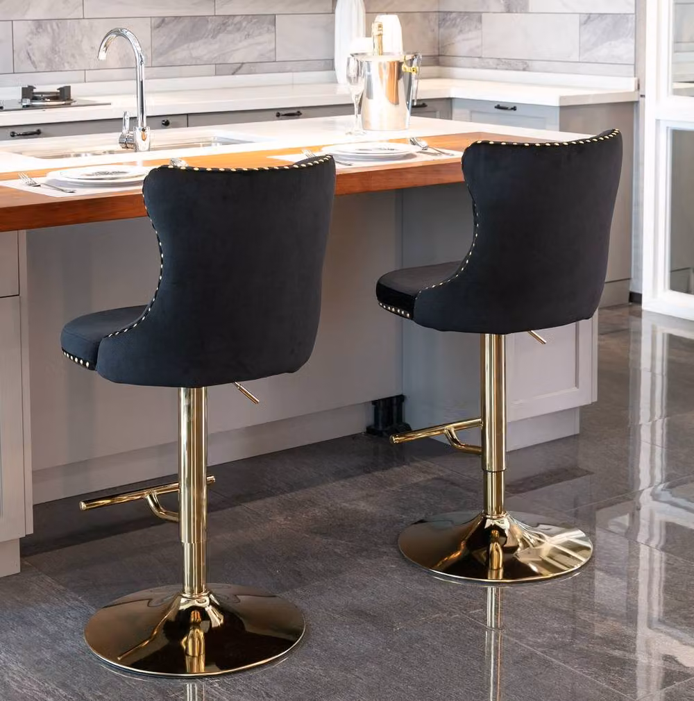 Modern Home Touch Set of 2 Luxury Velvet Adjustable Swivel Bar Stools with Gold Metal Base in Black – 2