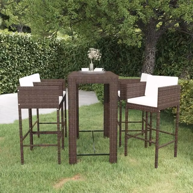 Berkfield Home 5 Piece Brown Poly Rattan Garden Bar Set with Cushions – 1