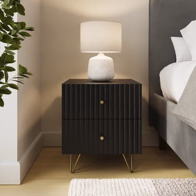 GFW Thalia Ribbed 2 Drawer Bedside Table in Black
