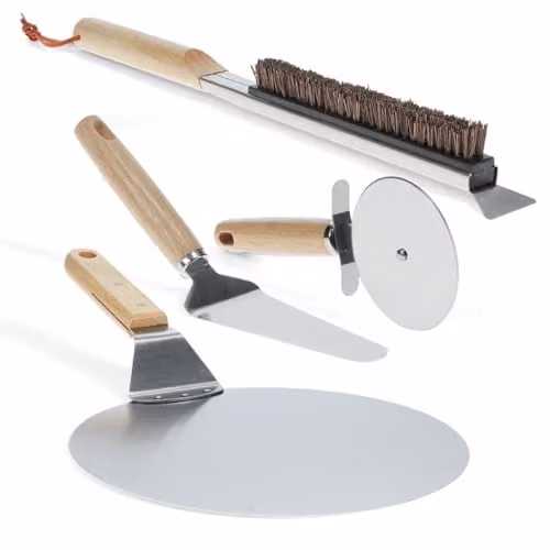 Dotcomgiftshop Spirit of Adventure Pizza Tool Set of 4 in Silver Stainless Steel and Wood