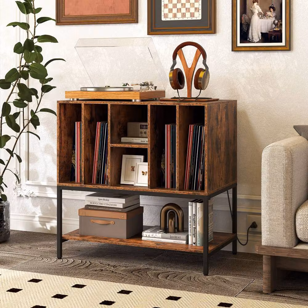 Costway Industrial Record Player Stand and Turntable Table with Charging Station in Brown – 3