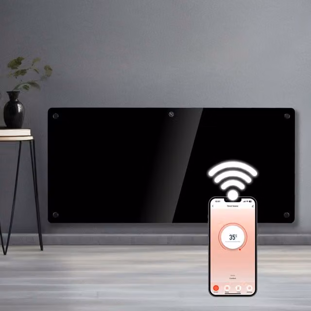 Futura WiFi Glass Electric Panel Heater, Wall Mounted, Black, Width: 92.5 cm