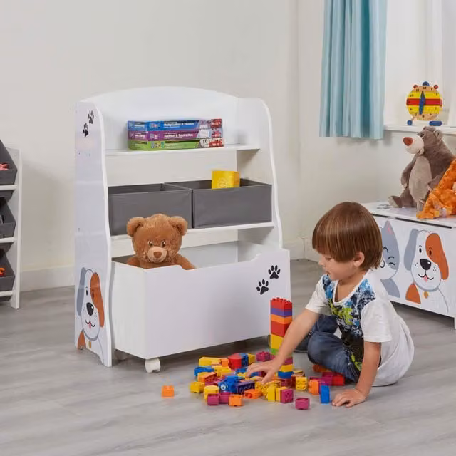 Liberty House Toys Kids Cat and Dog Storage Unit with Roll Out Toy Box in White and Grey