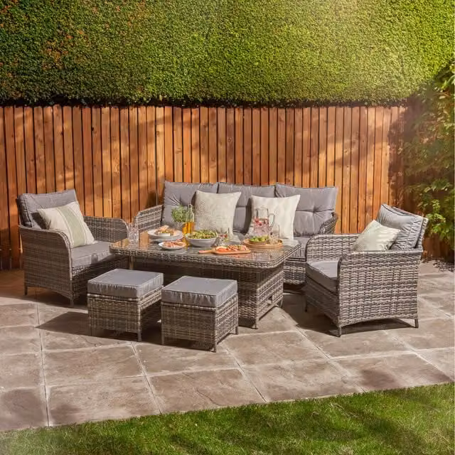 Home Treats Deluxe 7 Seater Grey Rattan Patio Dining Set with Metal and Glass Details