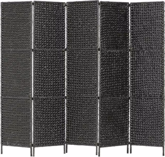 Berkfield Home 5-Panel Room Divider in Black Water Hyacinth and Metal, H 193 cm x W 160 cm – 1