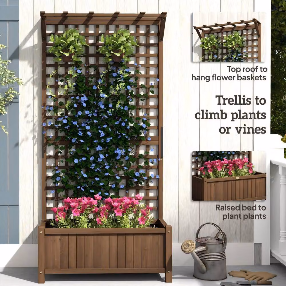STILVORA Brown Wooden Raised Planter with Trellis and Hanging Roof – 4