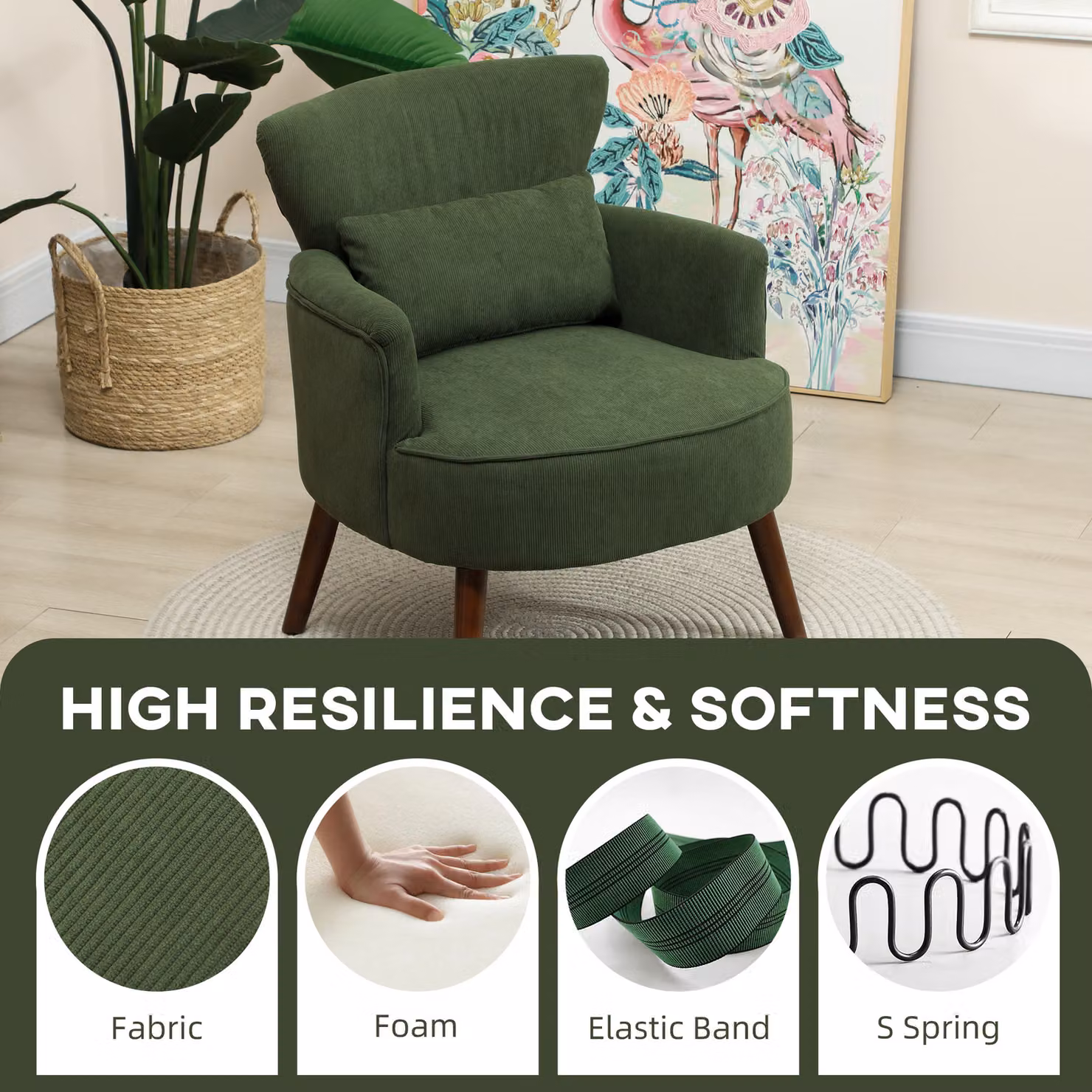 HOMCOM Retro Corduroy Accent Chair with Armrests in Green – 4