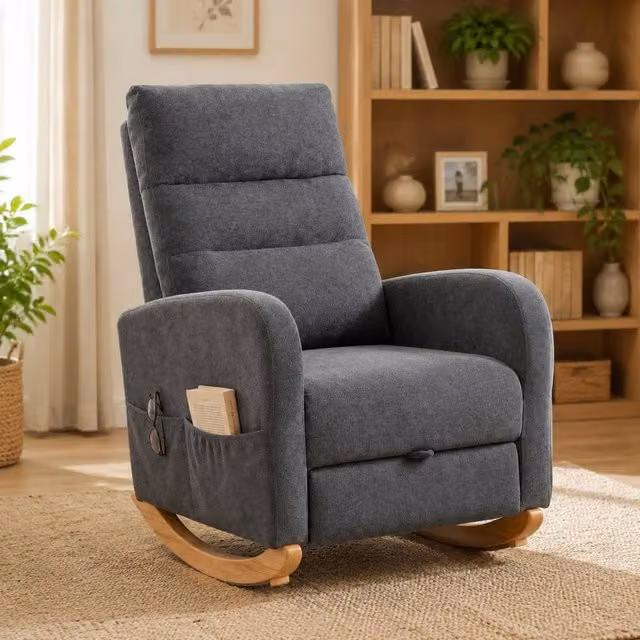 STILVORA Modern Grey Fabric Rocking Chair with Retractable Footrest and Solid Rubberwood Frame