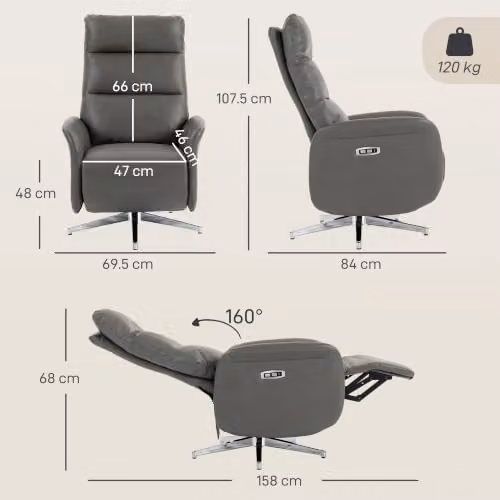 HOMCOM Electric Swivel Recliner Armchair in Grey with USB Ports and Metal Frame – 3