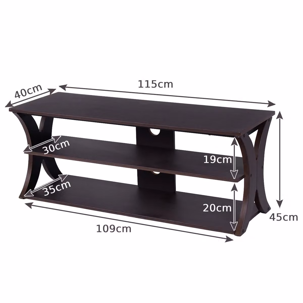 Costway 3-Tier Modern Media Console TV Stand with Storage Cabinet in Dark Brown – 5
