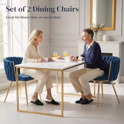 HOMCOM Set of 2 Modern Velvet Upholstered Armchairs with Metal Legs in Blue and Gold – 4
