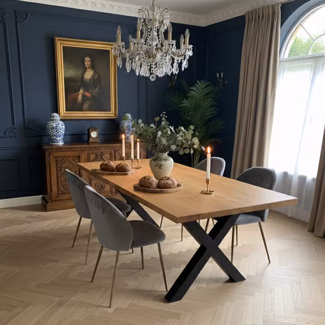 TRL Handmade Furniture Brown Oak Rectangular Dining Table with X-Frame Base