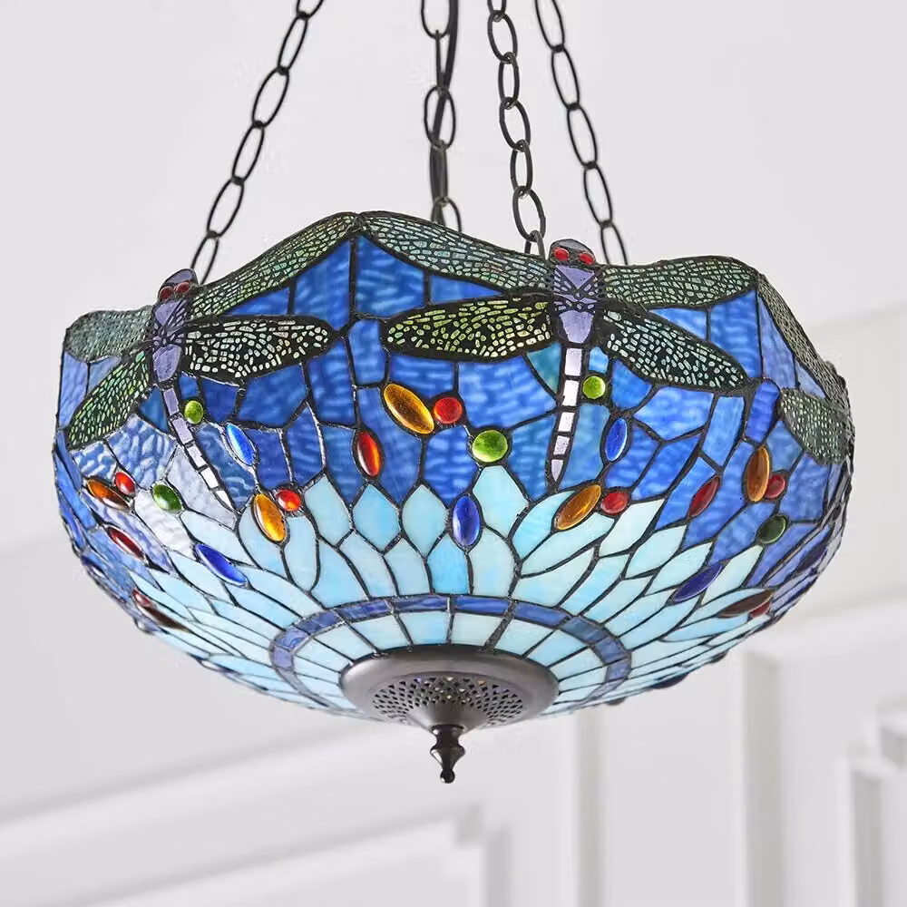 Loops Tiffany Glass Hanging Ceiling Pendant Light with Blue Dragonfly Design in Multicolour and Bronze – 3