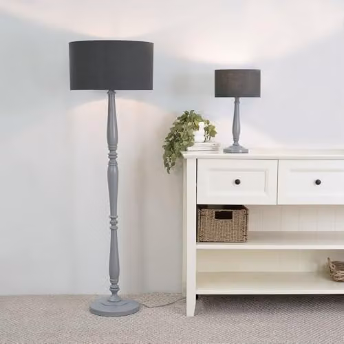 ValueLights Grey Wood Traditional Floor Lamp with Fabric Drum Shade and LED Bulb, H 155 cm x W 45 cm x D 45 cm – 2