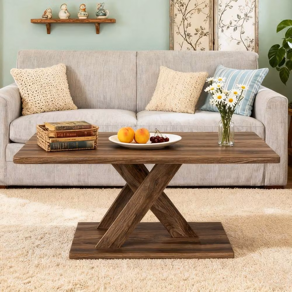 VOGREX Modern Rectangular Coffee Table in Brown Rubberwood with X-Frame Base, Width: 95 cm – 6