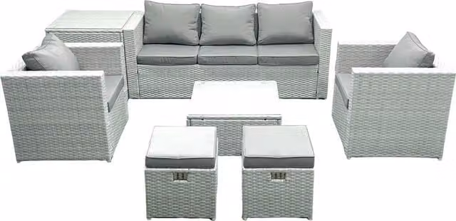 Fimous 7 Seater Rattan Garden Furniture Set in Light Grey with 3 Seater Sofa, 2 Chairs, Square Coffee Table, 2 Footstools and Side Table – 1