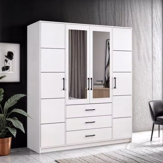 Sliding Wardrobes 4U Modern Four Door Hinged Wardrobe with Mirror in White and Grey, W/H: 200 x 200 cm – 1