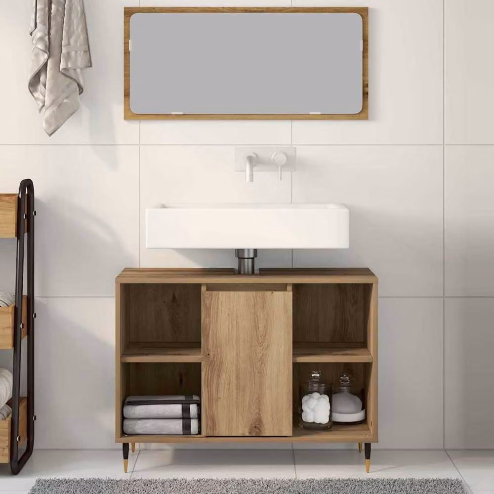 Berkfield Home Artisan Oak MDF Rectangular Freestanding Vanity Unit in Brown – 2