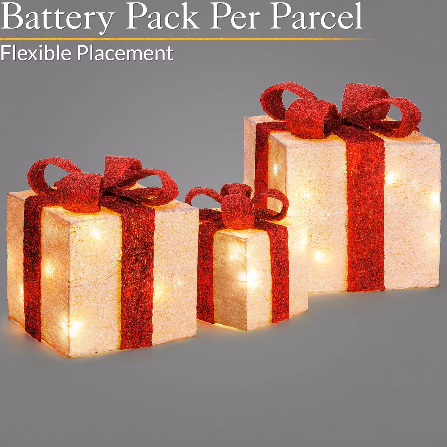 Christow Set of 3 LED Light Up Christmas Presents in Cream and Beige – 3