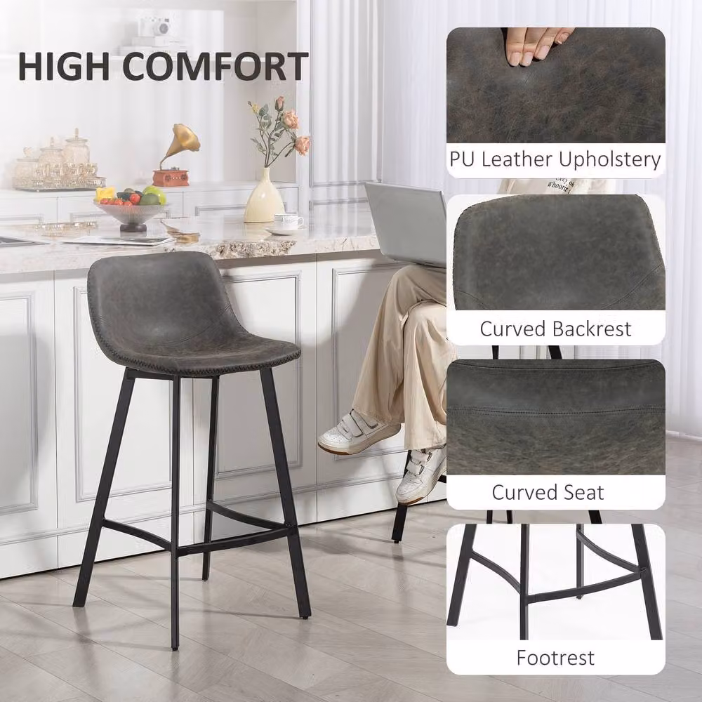 STILVORA Set of 2 Modern Grey Faux Leather Bar Stools with Metal Frame – 5
