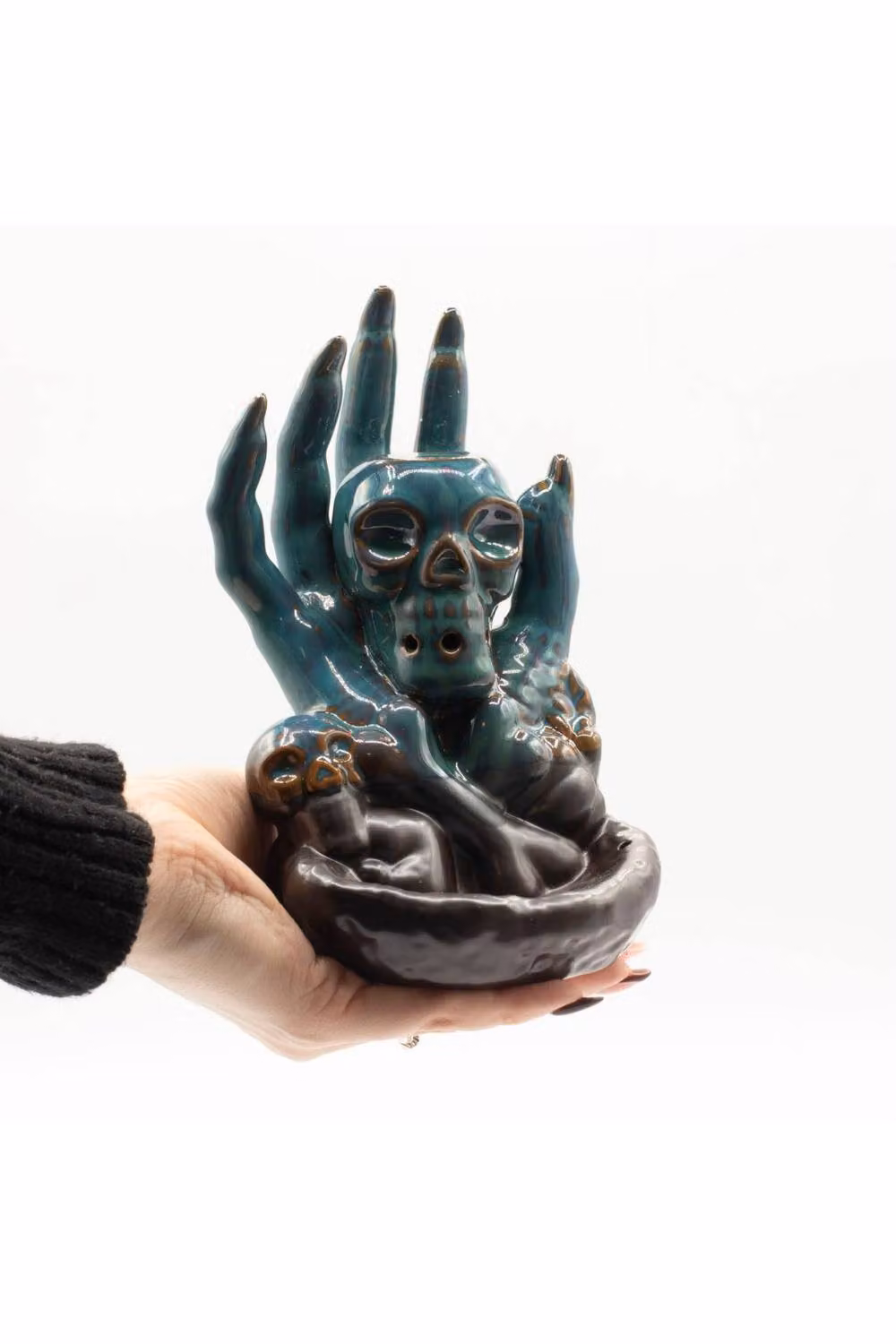 KDMD Skull in Hand Backflow Incense Burner, Turquoise Glazed Ceramic – 3