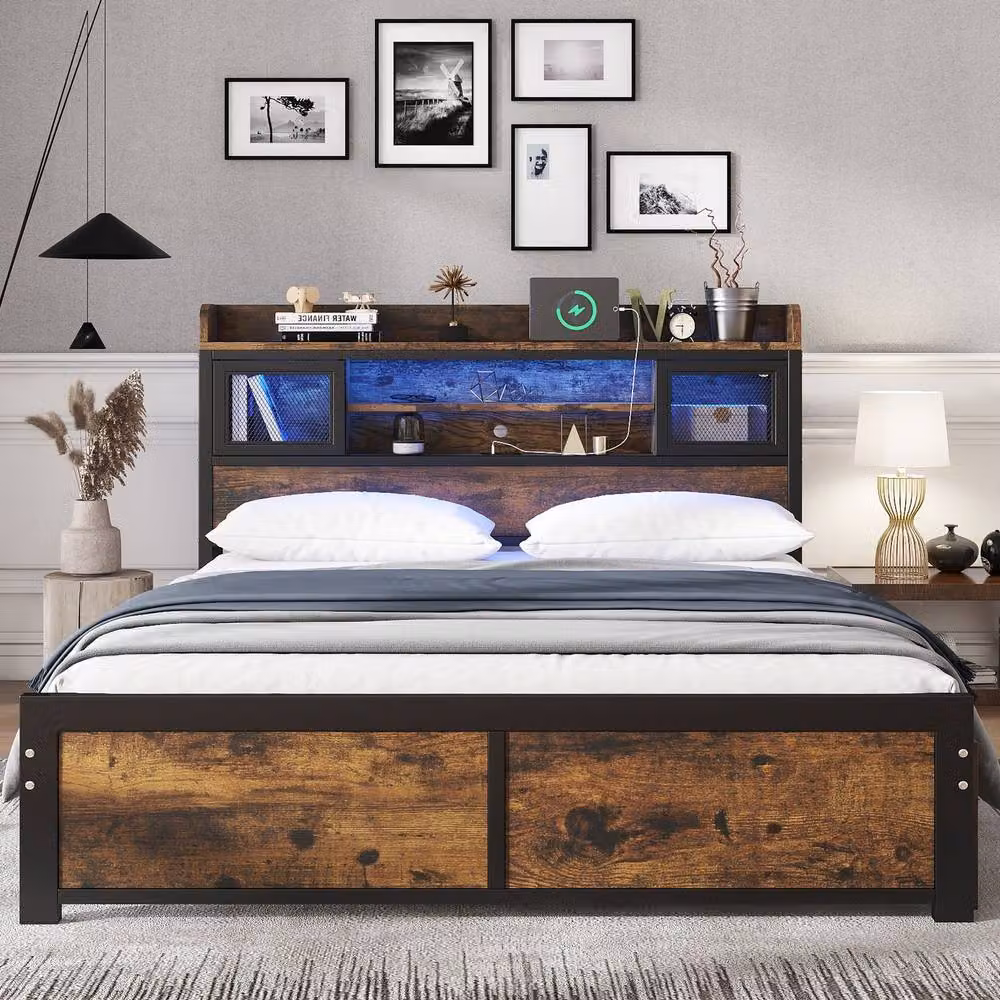 Rolipo Double Metal Bed Frame in Black with LED Lights, USB Ports and 2 Drawers, W/D/H: 140 x 200 cm – 5