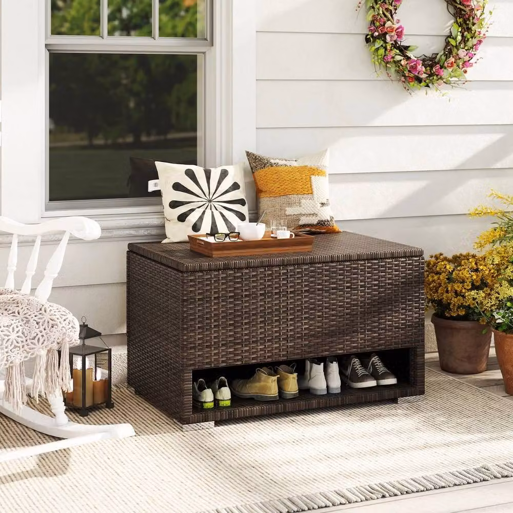 VOGREX Brown PE Rattan Storage Bin with Soft Close Lid and Waterproof Liner – 3