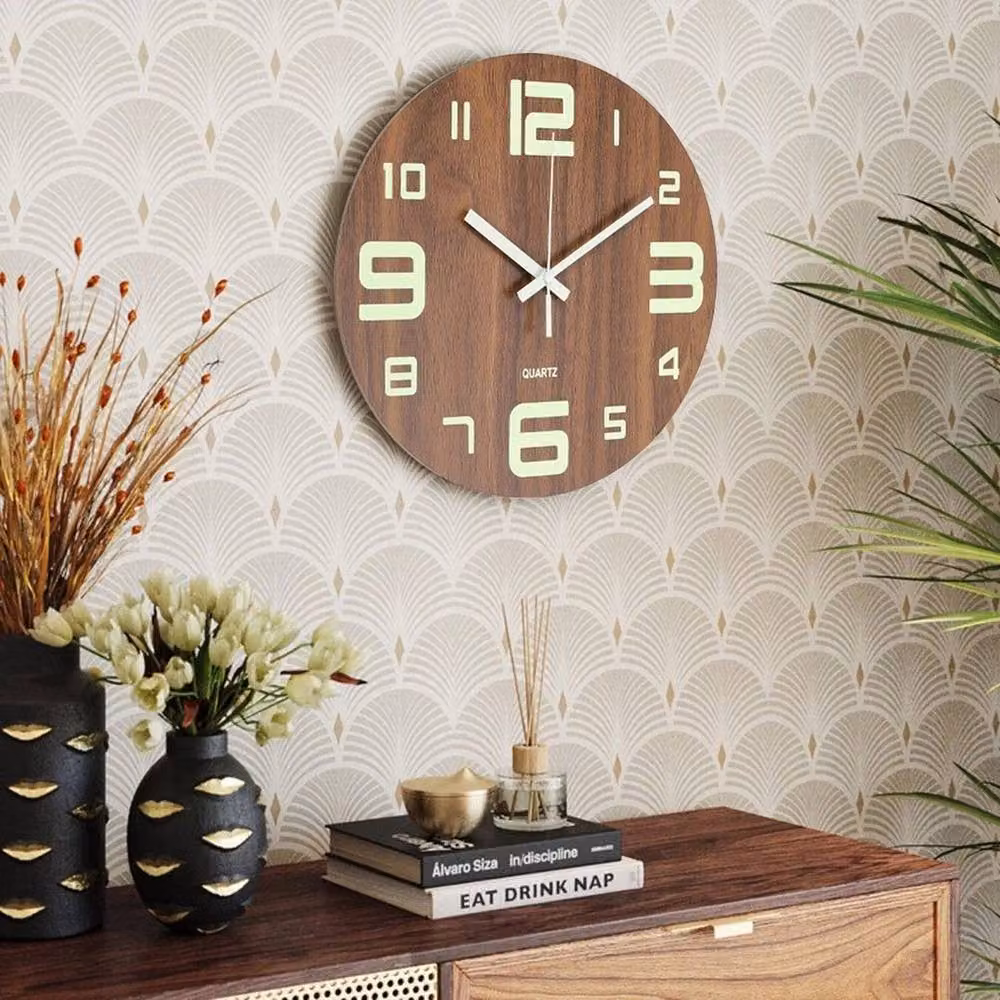 KORVIXA Modern Round Analog Wall Clock in Brown Wood, Diameter: 30.48 cm – 3