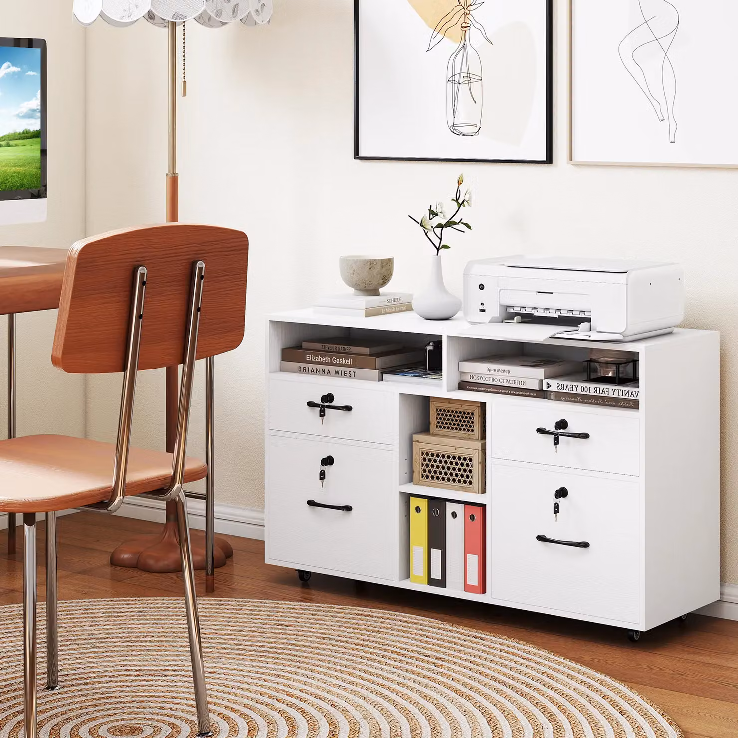 Costway Mobile Lateral File Cabinet Storage Organiser with Lock in White – 2