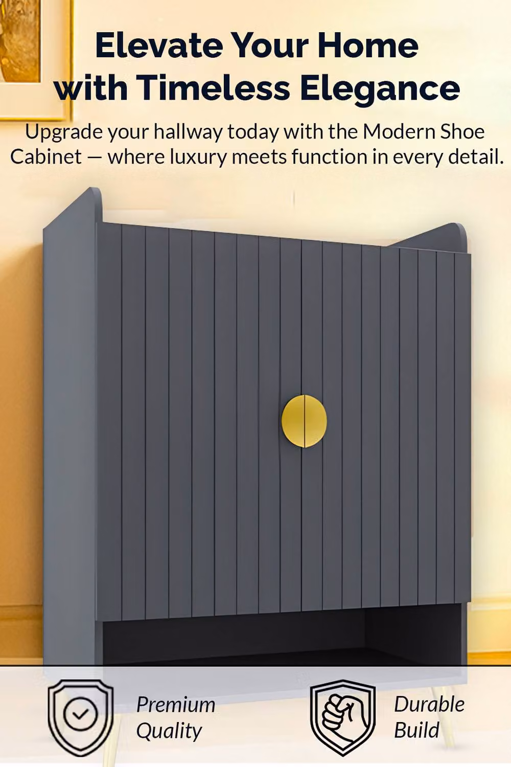 HYGRAD BUILT TO SURVIVE Modern Shoe Cabinet with 2 Doors and Open Shelf, Grey and Gold Entryway Storage Unit – 4