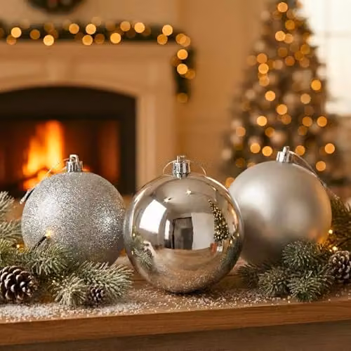SHATCHI Set of 3 Silver Shatterproof PVC Christmas Baubles with Glossy, Matt and Glitter Finishes, Diameter: 20 cm – 2
