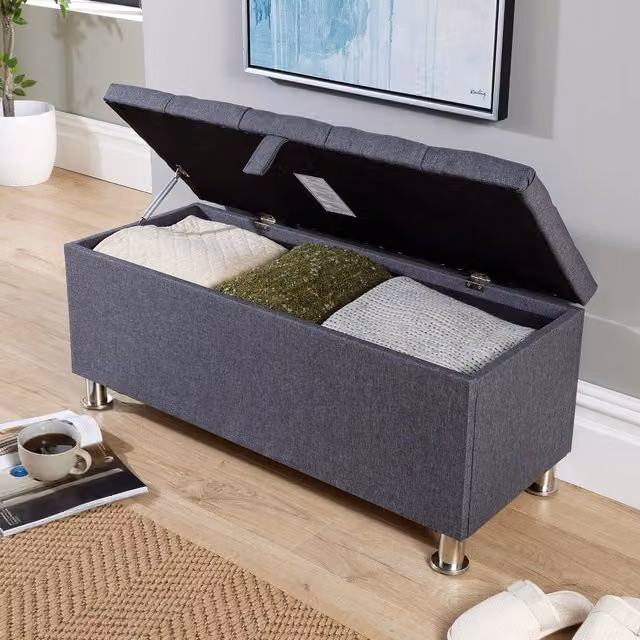 Home Source Storage Ottoman Chest with Padded Removable Top and Buttoned Detailing in Dark Grey – 1