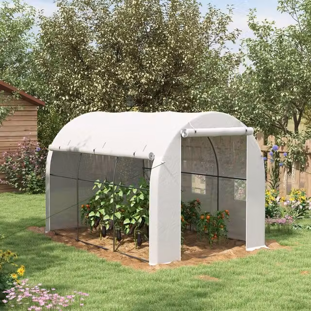 Outsunny White Polytunnel Greenhouse with Galvanised Steel and Plastic Frame, featuring Windows and Roller Door, W/D/H: 5.8 x 2.96 x 2.0 m