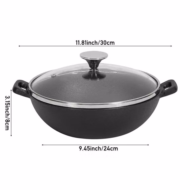 NESTLUNE Non-stick Cast Iron Deep Stir Frying Wok in Black, Diameter: 24 cm, Height: 8 cm