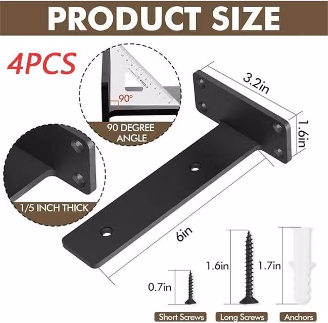Nordara 4-Piece Set of Matt Black Steel Concealed Floating Shelf Brackets, W: 100 cm, D: 40 cm